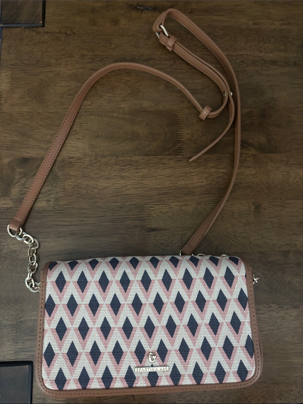 Spartina 449 Pink, Navy & Tan Diamond-Print Crossbody